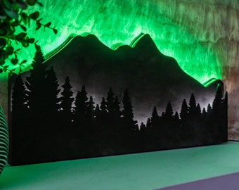 Arte murale di montagna con luci, Arte murale di montagna con alberi, Insegna a LED di montagna, Luci a LED di montagna, Insegna al neon di montagna, Luci al neon di montagna