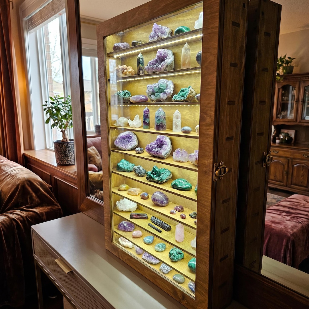 Crystal Display Case, Wood Display Cabinet With Door, LED Display Shelf ...
