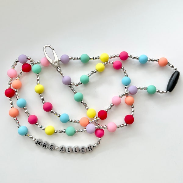 Bright Rainbow Beaded Lanyard | Silver Letters | Modern Lanyard | Rainbow Beaded Lanyard | Teacher Lanyard | Personalized | Customized