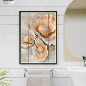 May include: A framed digital download wall art print featuring three abstract oyster shells with textured, shimmering gold centers and soft peach and cream-colored edges, set against a neutral, blended background with vertical panel lines.