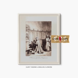 Könnte beinhalten: Eine Schwarzweißillustration der Heiligen Veronica Giuliani, einer Kapuzinerin, die im Gebet kniet. Das Bild ist in einem weißen Rahmen mit der Aufschrift "Heilige Veronica Giuliani, Kapuzinerin" gerahmt.