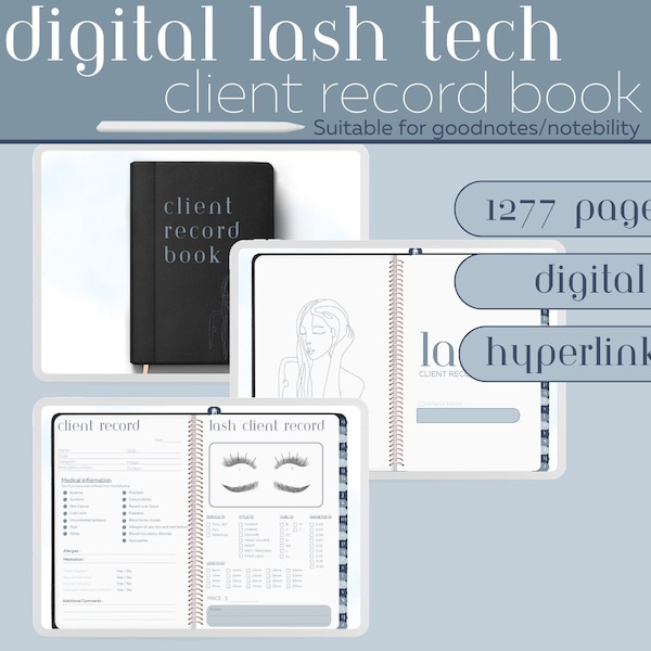 Eyelash Tech Client Record Book Easy Digital Download - Sleek Blue Tones - Client record eyelash extensions - Lash Tech Planner - Goodnotes