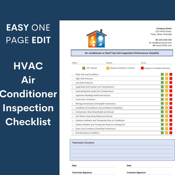 Air Conditioning HVAC Inspection Checklist, PDF MS Word Template file, Instant Download