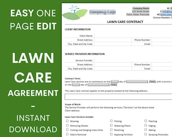 Lawn Care Contract, Lawncare Agreement Template - Word & Google Docs - Instant Download, Lawncare Landscap contract