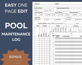 Registro de mantenimiento de la piscina, lista de verificación de limpieza de la piscina, planificador de ruta diaria (PDF imprimible)