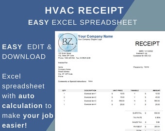 HVAC Receipt Template, Excel, Auto Calculation (Digital Download)