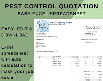 Pest Control Quotation Template | Auto Calculation Excel (Digital)
