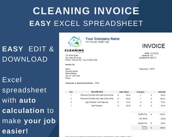 Invoice Template Commercial cleaner, Auto Calculation, Editable Excel Invoice, Cleaning Quote