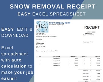 Snow Removal RECEIPT Agreement, Snow Plowing Quotation, Contract, Plowing Log, Proposal, Receipt, Snow Plow Service, Snow Plow Agreement