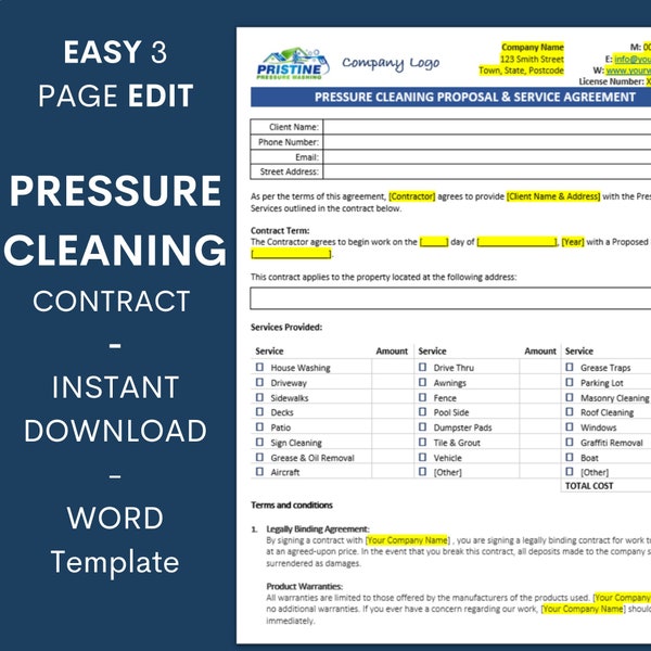 Pressure Cleaning Proposal Service Agreement Template - Editable Microsoft Word - Pressure Cleaning -Power Washing - Digital Downloads