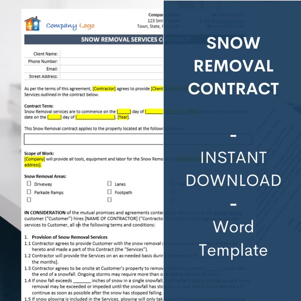 Snow Removal Service Contract Template - Editable template - Microsoft Word - Plowing - Digital download - Instant download