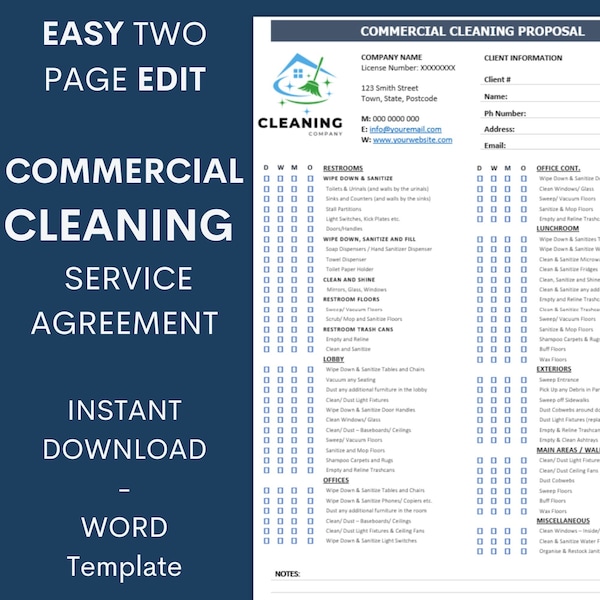 Commercial Cleaning Service Agreement / Proposal Template - Easy Editable in Microsoft - Digital Download Instant Download - Small Business