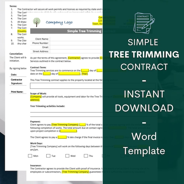 Tree Trimming Contract Template| Tree Removal Contract Agreement| Tree Service Contract| Arborist Contract| Tree Service Terms and Condition