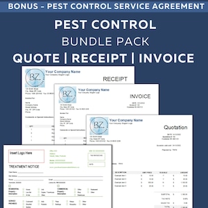 Pest Control Service Agreement, BUNDLE receipt template invoice template quoting template Treatment Advice Notice