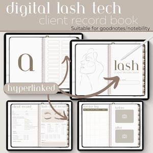Könnte beinhalten: Ein digitales Wimpern-Technik-Kundenbuch für Goodnotes und Notebility. Das Cover zeigt eine Linienzeichnung eines Frauen Gesichts mit dem Wort "lash" und "client record book" in brauner Schrift. Die Innenseiten enthalten Abschnitte für Kundenakten, Wimpern-Kundenakten und ein Service-Protokoll.