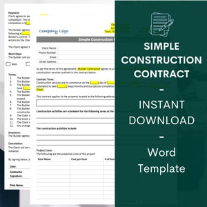 Construction Contract Template | Simple Construction Contract Template | Handyman| Contract Template |Simple Contract