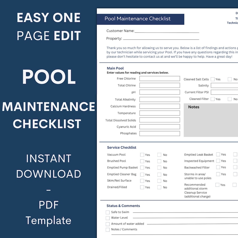 Pool Cleaning Checklist Template Simple Digital PDF Efficient Pool