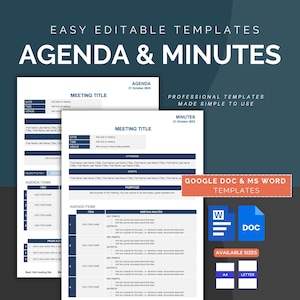 Puede incluir: Una plantilla azul y blanca para crear agendas y actas de reuniones. La plantilla incluye secciones para la fecha, la hora, el lugar, el título de la reunión, la clave objetiva, los puntos de la agenda, las acciones previas y las actas de la reunión. La plantilla está disponible en los formatos Google Docs y Microsoft Word y en los tamaños A4 y Letter.