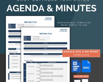 Meeting Agenda & Minutes Templates Bundle | Professional Editable MS Word Google Docs | Instant Download for Business Use