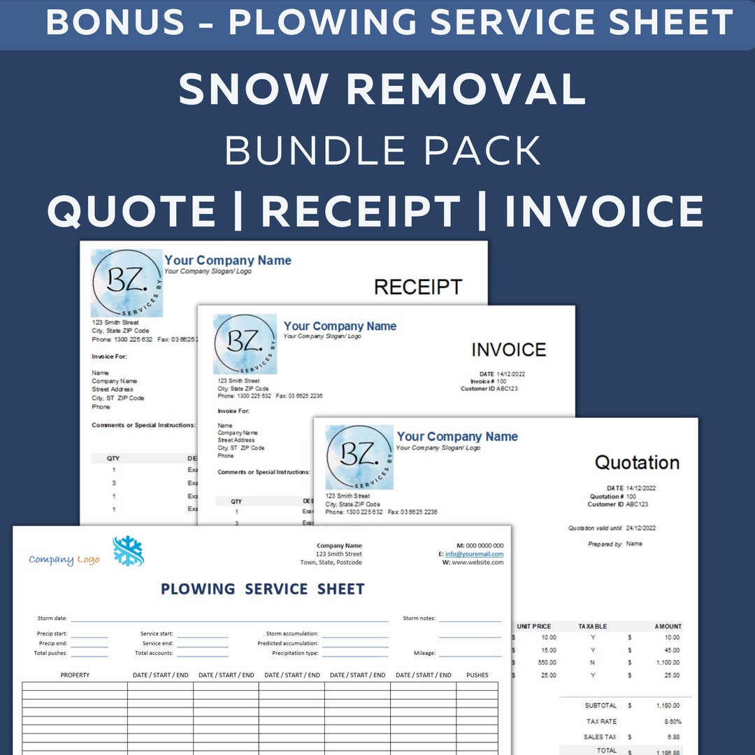 Snow Removal BUNDLE Agreement, Snow Plowing Quotation Invoice Receipt