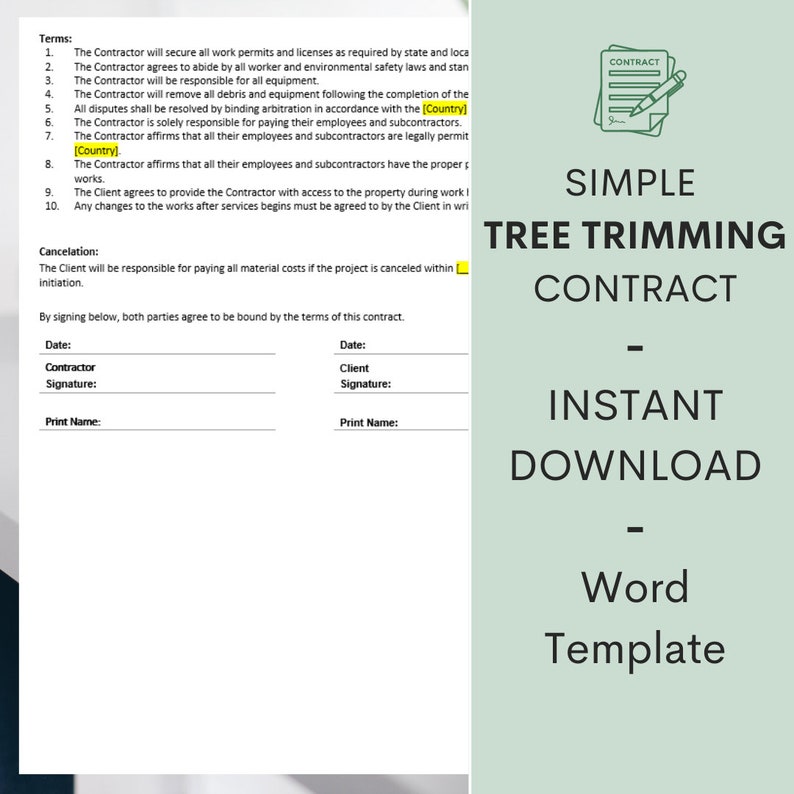 Tree Trimming Contract Template Tree Removal Contract Etsy