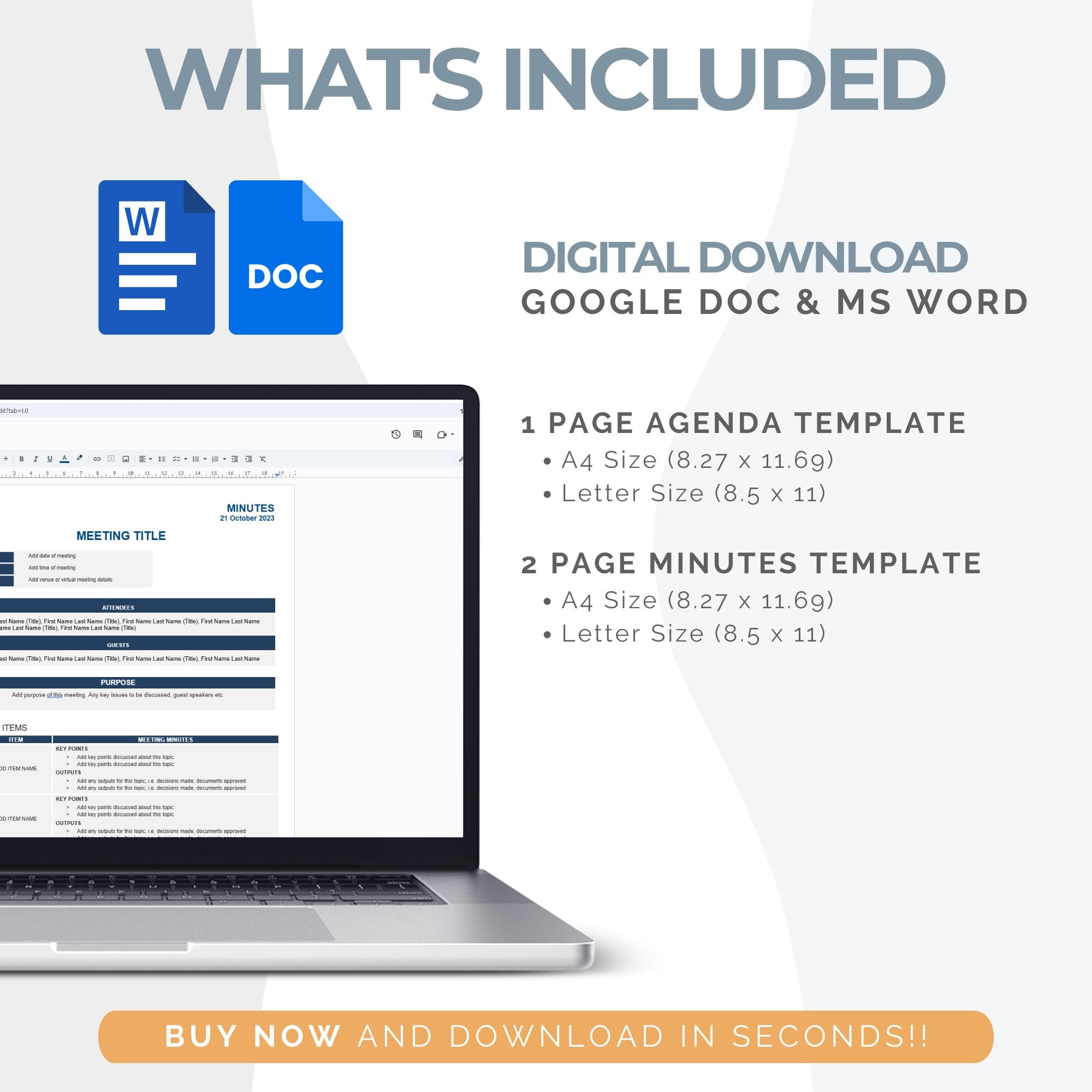 Simple Document Layout Editable Meeting Templates for Agenda & Minutes | Instant Digital Files ...