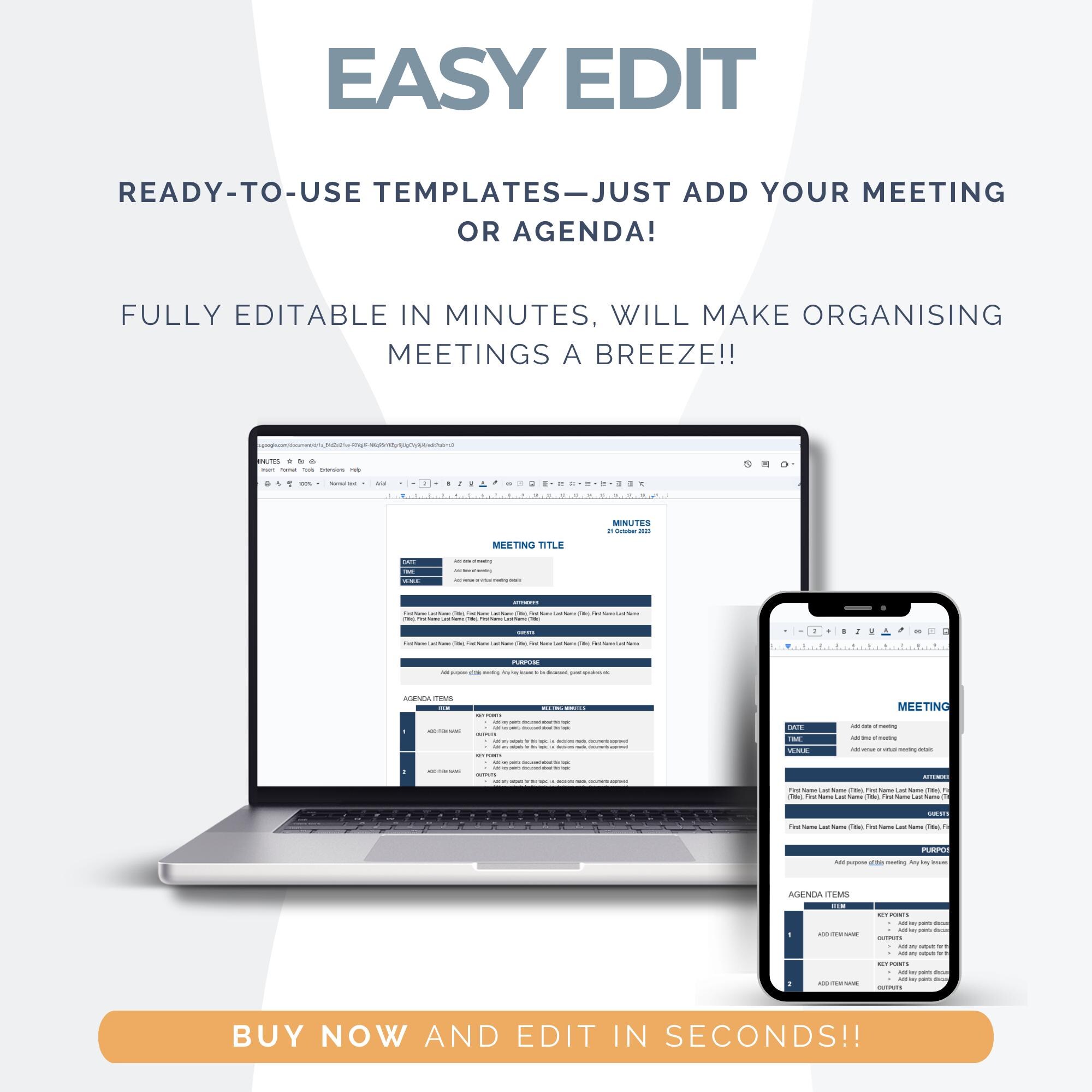 Editable Meeting Templates for Agenda & Minutes | Instant Digital Files ...