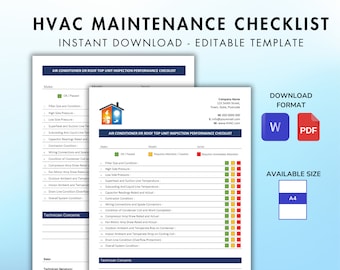 HVAC Inspection Checklist Template Air Conditioning, AC, Heating, Cooling Maintenance, PDF & Word, Instant Download