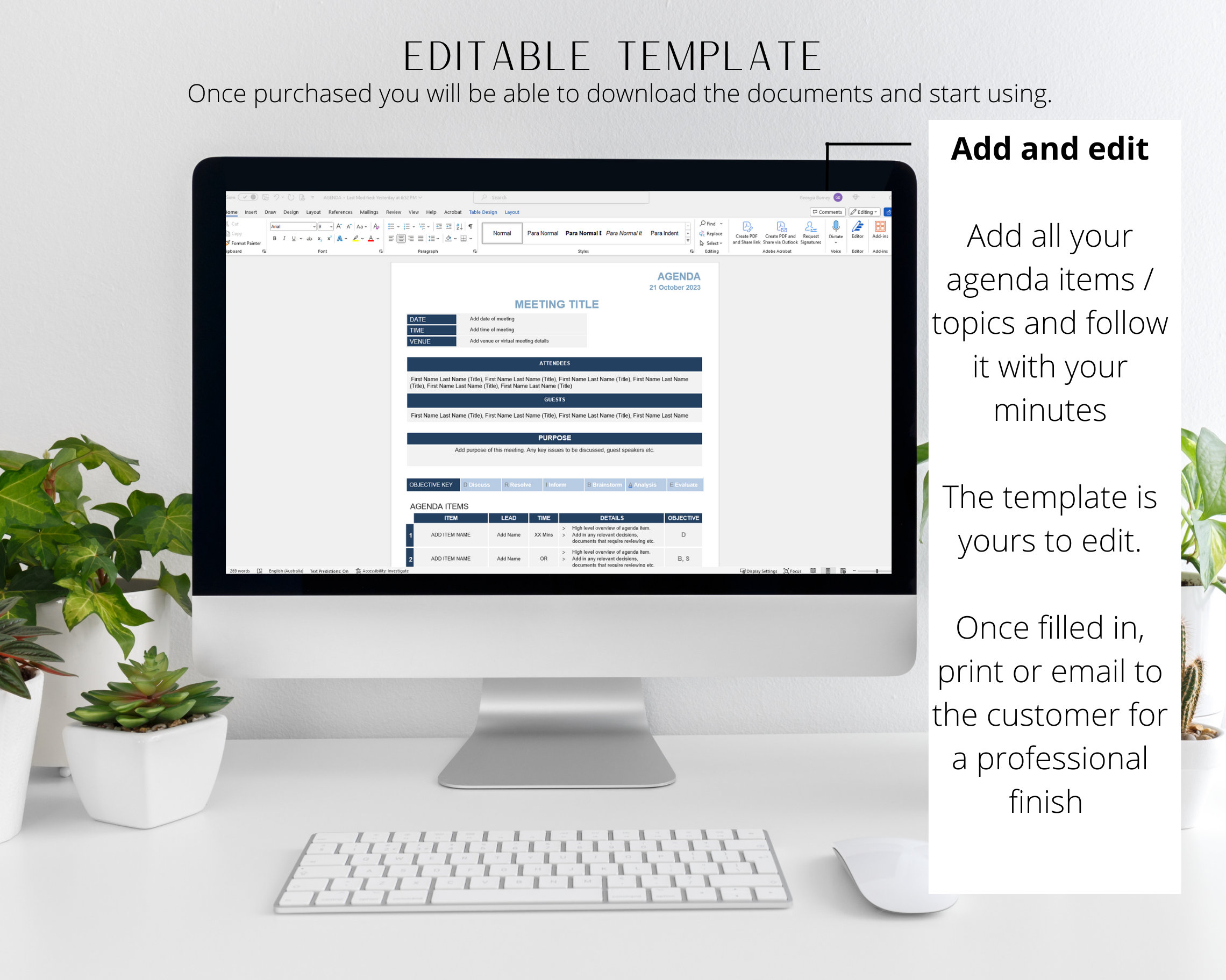 Simple Document Layout Meeting Minutes and Agenda Template Professional Package | Instant ...