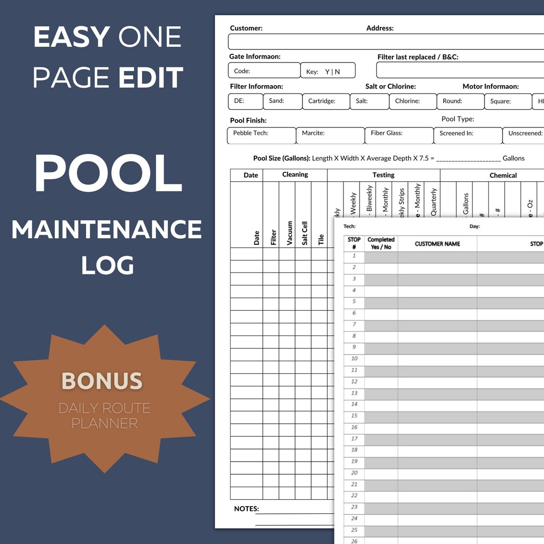 Residential Pool Maintenance Checklist V, Pool Chemical Log Pool