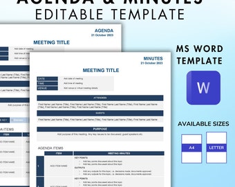 Meeting Minutes and Agenda Template Professional Package | Instant Download | Editable in Microsoft Word