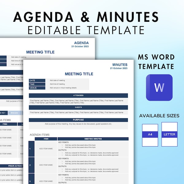 Meeting Minutes and Agenda Template Professional Package | Instant Download | Editable in Microsoft Word