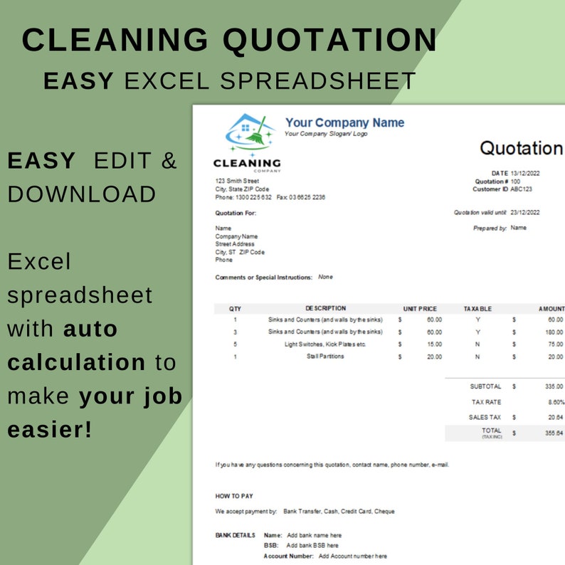 Cleaning Service Quotation Template With Auto Calculation Editable