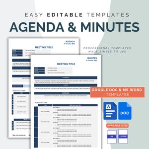 Editable Meeting Templates for Agenda & Minutes | Instant Digital Files | Professional Editable MS Word Google Docs