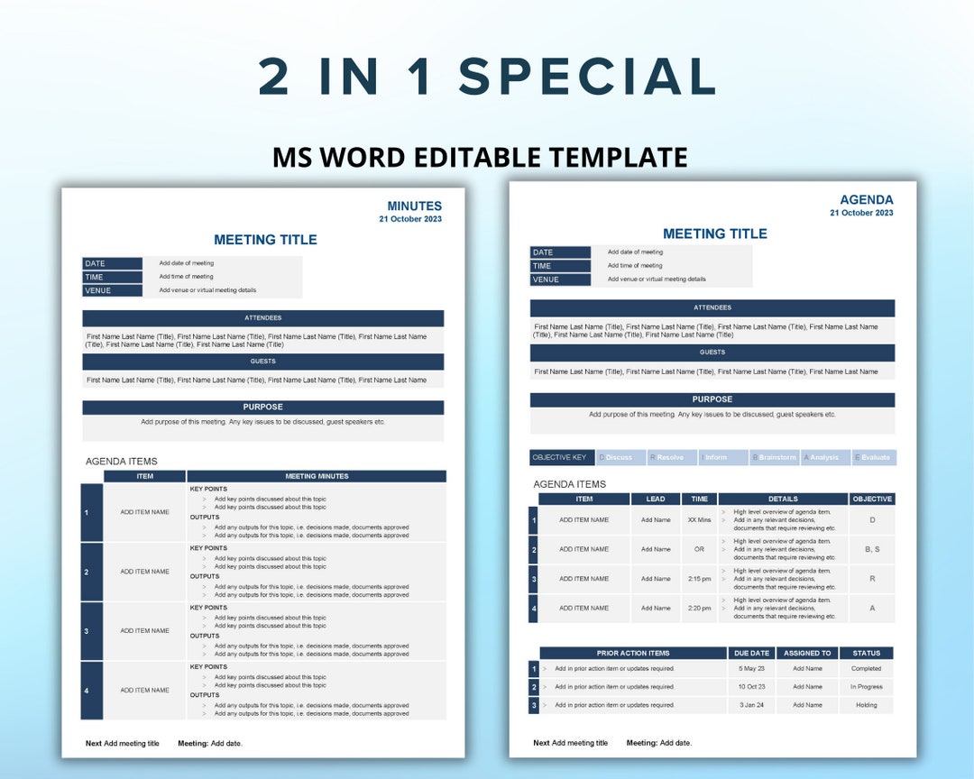 Agenda Meeting Minutes Template Professional Package Instant Download