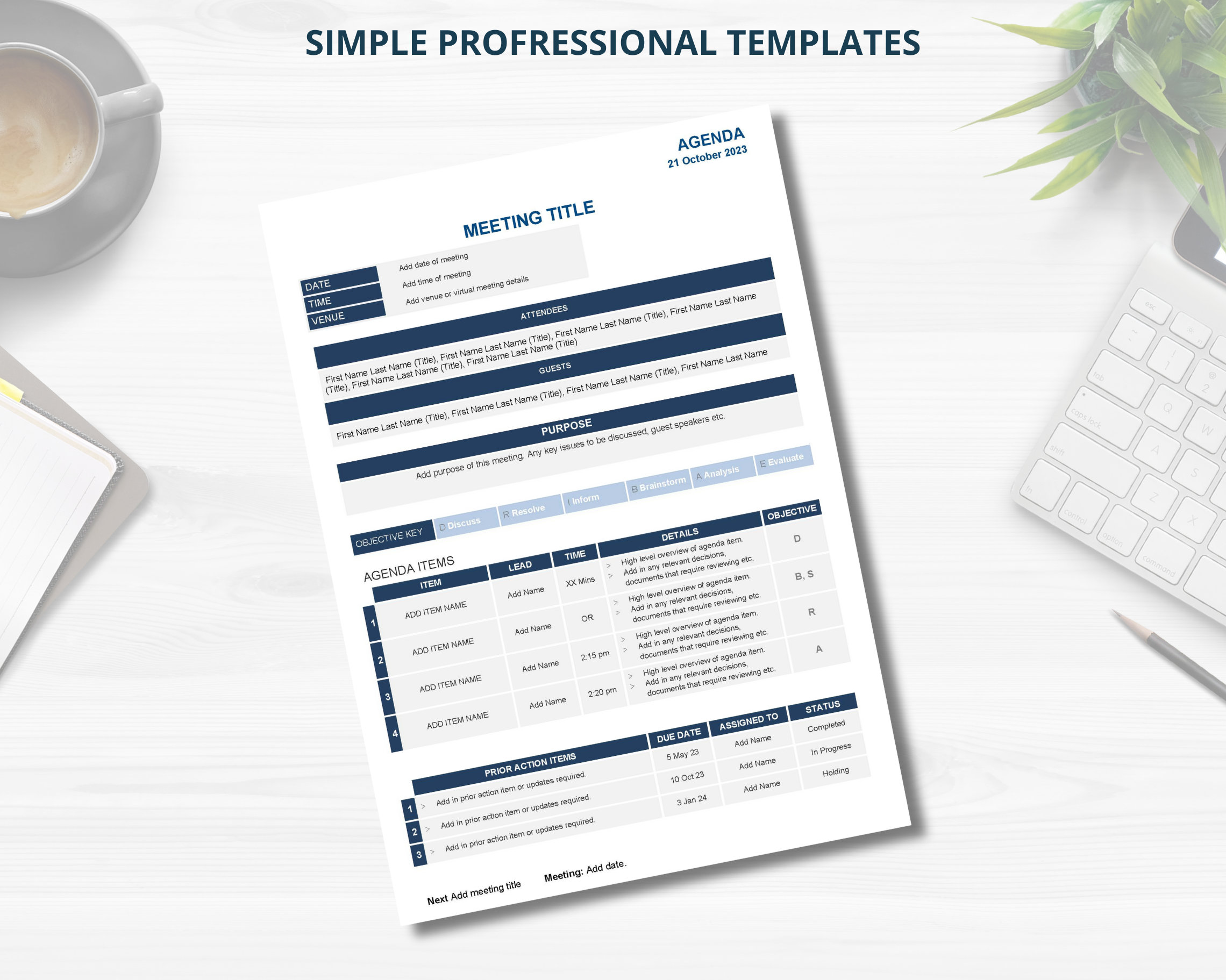 Simple Document Layout Meeting Minutes and Agenda Template Professional Package | Instant ...