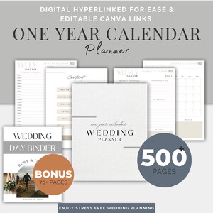 May include: A digital wedding planner with over 500 pages, including a daily planner, weekly planner, and a one-year calendar. The planner features a rustic design with a brown and white color scheme. The text "Wedding Day Binder" and "Bonus 70+ Pages" are visible on the cover.
