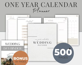 500+ Pages Canva Digital Wedding Planning Bundle: Canva Templates for One Year Calendar, Day-of Binder, Checklists, and Planner