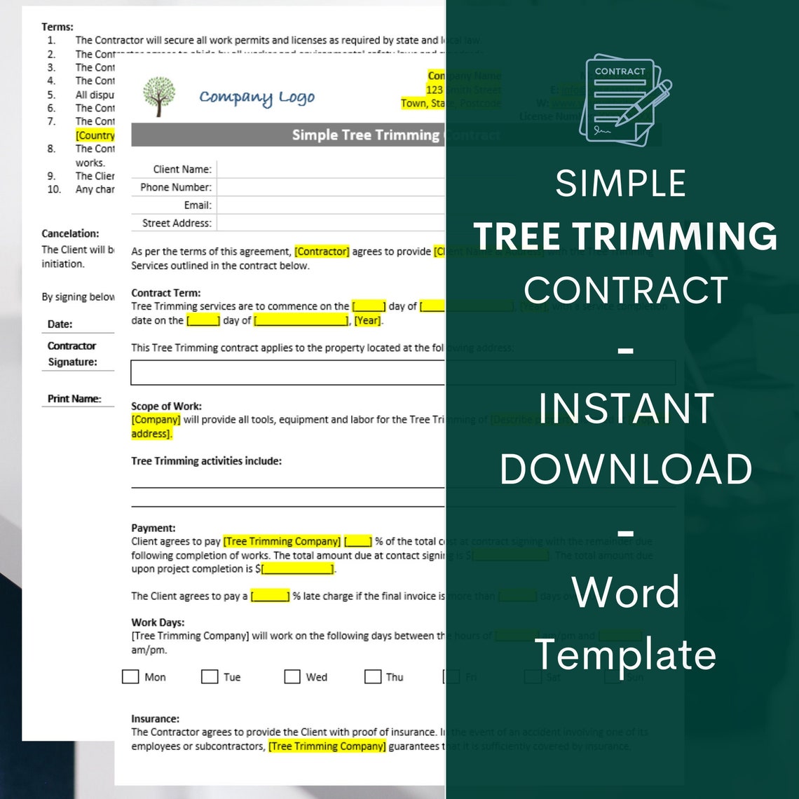 Tree Trimming Contract Template Tree Removal Contract Etsy