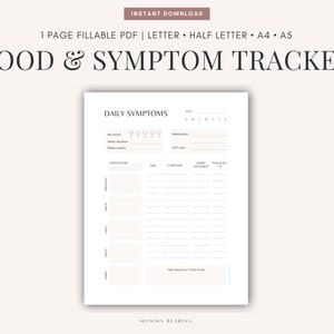 Dagelijkse voedsel- en symptoomtracker, afdrukbaar dagboek voor chronische pijn, IBS-gezondheidsdossier, logboek voor waterinname, medicatieschema, digitale PDF-download