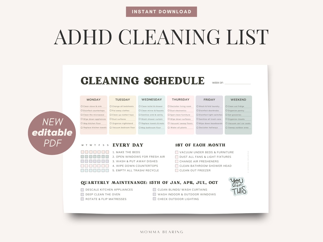 Daily ADHD Cleaning Schedule, Editable Planner, Printable Household ...