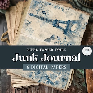 Blue Toile Junk Journal Digital Paper, Printable Floral Paris Chinoiserie, 6 Page Craft Bundle, Ephemera Mixed Media Collage Sheet 11 x 8.5