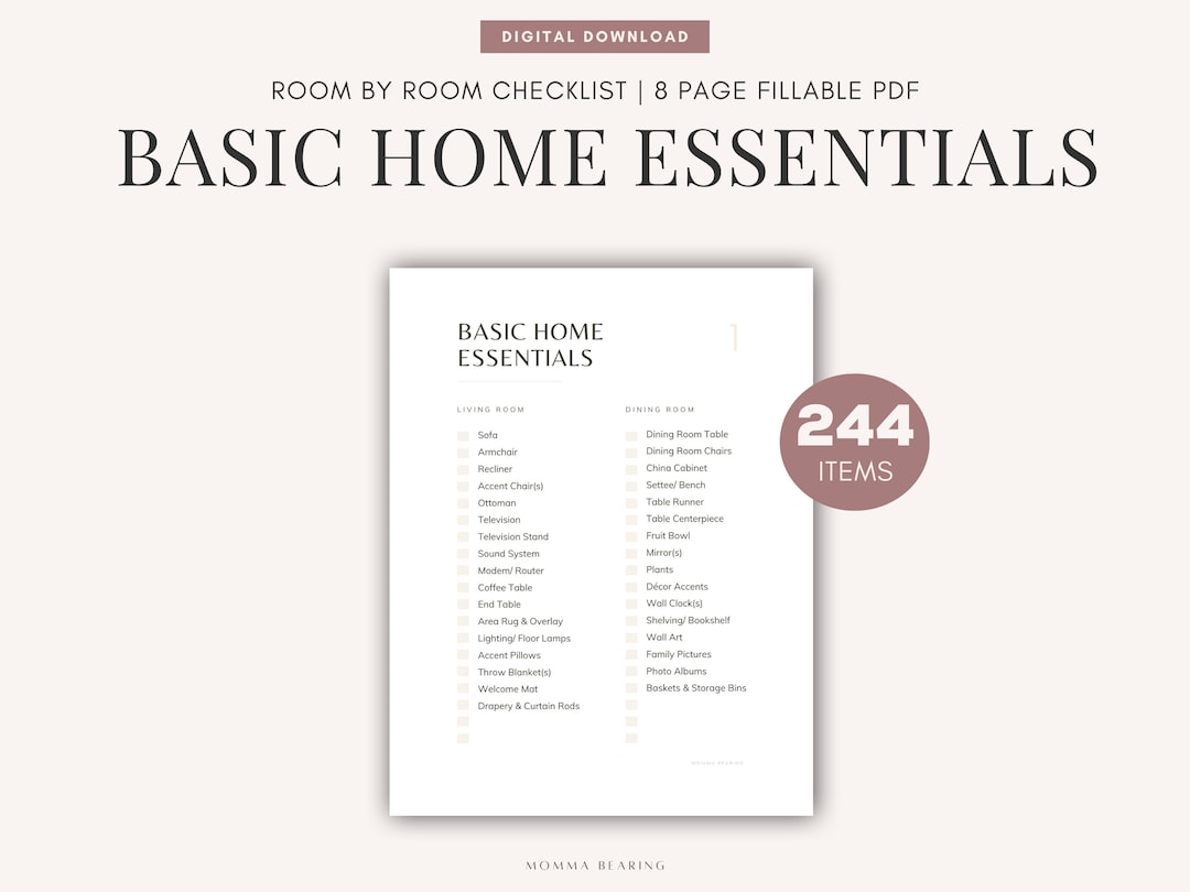 Basic Home Essentials Printable, Moving Out Checklist, New Apartment to