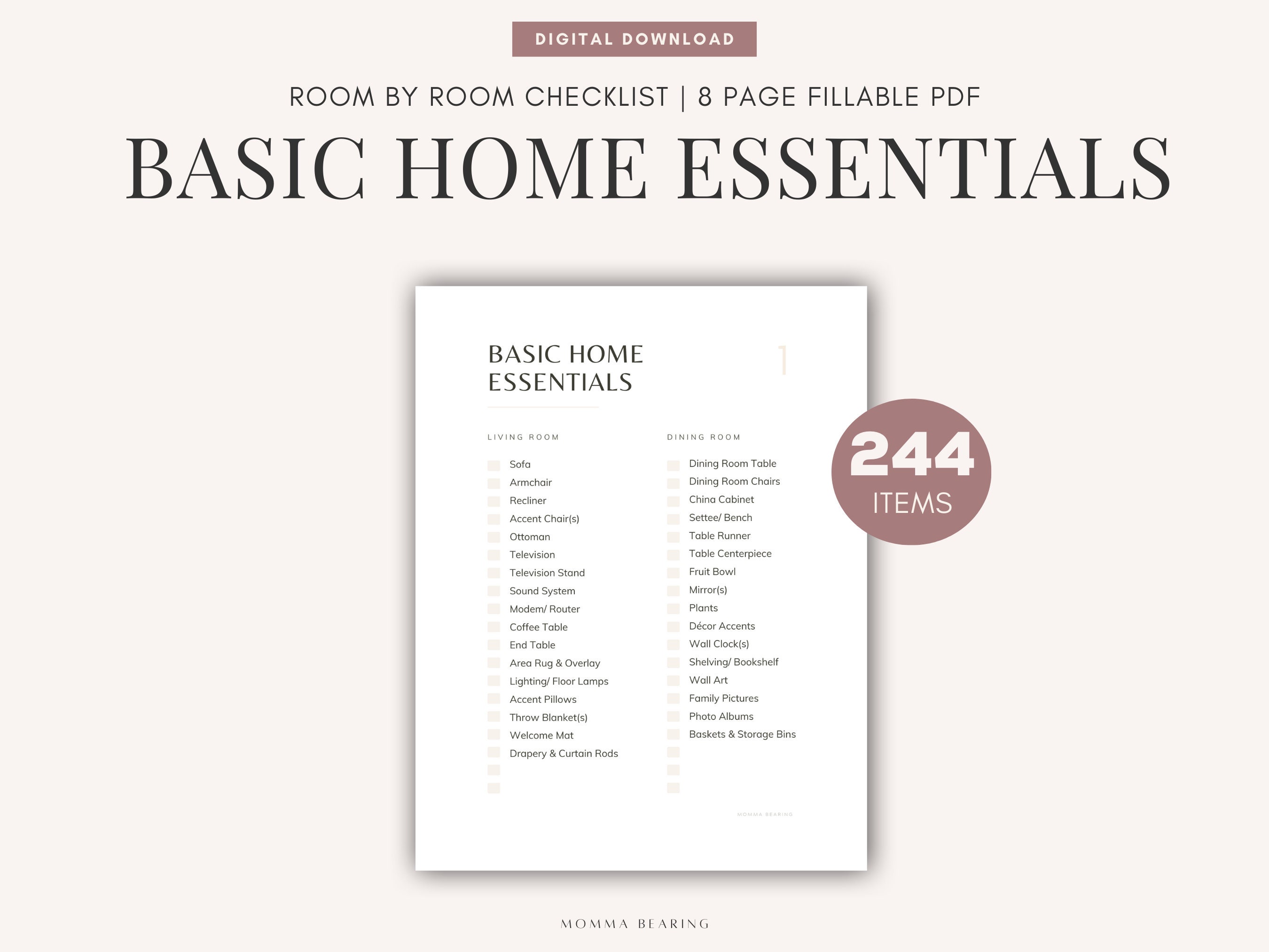 Basic Home Essentials Printable, Moving Out Checklist, New Apartment to