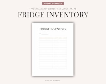 Fridge Inventory Printable, Kitchen Inventory List, Food Storage, Expiration Tracker PDF, Digital Household Organizer, Half Letter, A4, A5