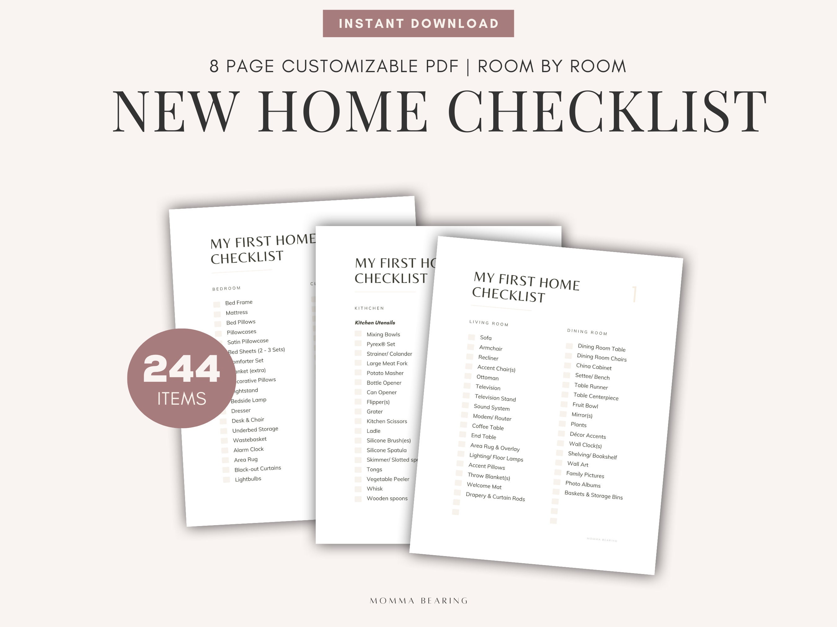 Best Apartment Essentials Printable Checklist, New Home Shopping List,  Wedding Registry, Best PCS Digital Moving Planner, Furnishings Guide 