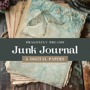 Whimsical Dragonfly Digital Paper, Printable Dragonfly Junk Journal, Vintage Decoupage Page, Cottagecore Craft Bundle, Mixed Media Collage