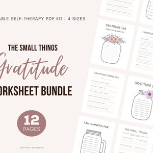 May include: A printable self-therapy PDF kit with 12 pages of gratitude worksheets. The kit includes a gratitude jar, gratitude challenge, and gratitude worksheet. The worksheets are designed to help you focus on the positive aspects of your life.