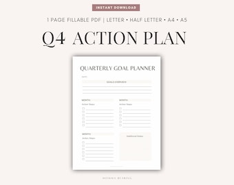 Sjabloon actieplan Q4, afdrukbare kwartaaldoelentracker, bedrijfsstrategie, 90-dagendoelstellingen, kwartaal in één oogopslag, digitale pdf-download