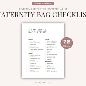 Zwangerschapstas checklist afdrukbaar, digitale ziekenhuistas verpakkingsgids, New Born Baby Essentials PDF, zwangerschapstakenlijst, halve letter A5 A4